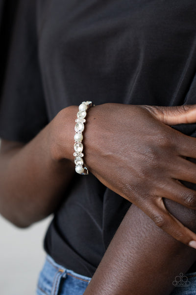 FROSTED FINERY - WHITE RHINESTONE SILVER STRETCHY BRACELET - PAPARAZZI