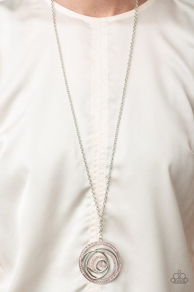 SUBLIMINAL SPARKLE - PINK RHINESTONE SILVER SWIRL PENDANT NECKLACE - PAPARAZZI
