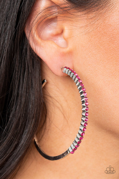 MAKING ROUNDS - PINK RHINESTONE SILVER HOOP EARRINGS - PAPARAZZI