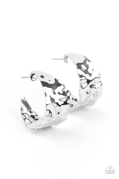 PUT YOUR BEST FACE FORWARD - SILVER HAMMERED SMALL HOOP EARRINGS - PAPARAZZI