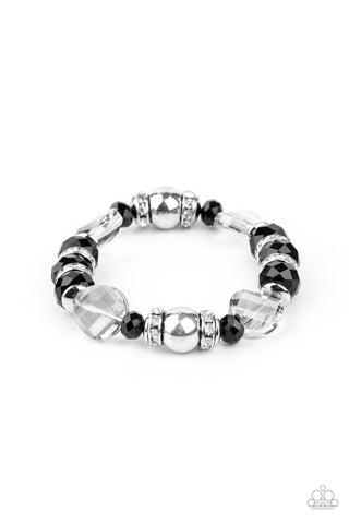 TREAT YOURSELF - BLACK CRYSTAL WHITE GEM SILVER BEAD STRETCHY BRACELET - PAPARAZZI