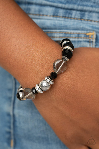 TREAT YOURSELF - BLACK CRYSTAL WHITE GEM SILVER BEAD STRETCHY BRACELET - PAPARAZZI