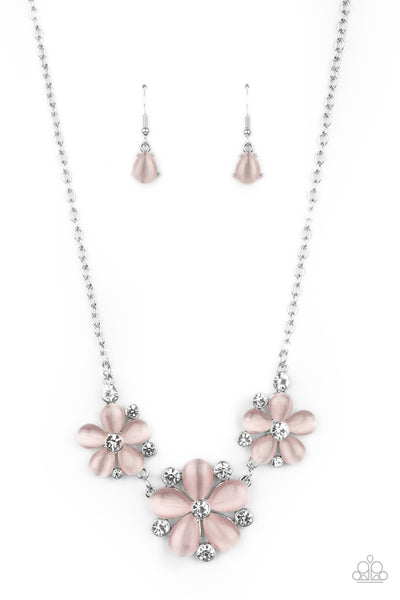 EFFORTLESSLY EFFLORESCENT - PINK CAT'S EYE FLORAL SILVER NECKLACE - PAPARAZZI
