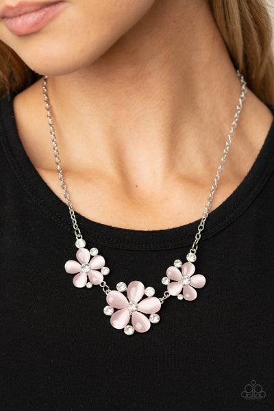 EFFORTLESSLY EFFLORESCENT - PINK CAT'S EYE FLORAL SILVER NECKLACE - PAPARAZZI