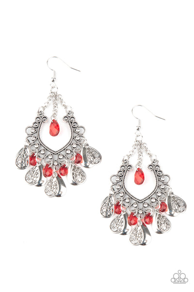 MUSICAL GARDENS - RED BEAD SILVER EARRINGS - PAPARAZZI