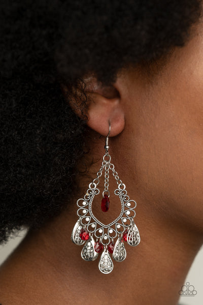 MUSICAL GARDENS - RED BEAD SILVER EARRINGS - PAPARAZZI