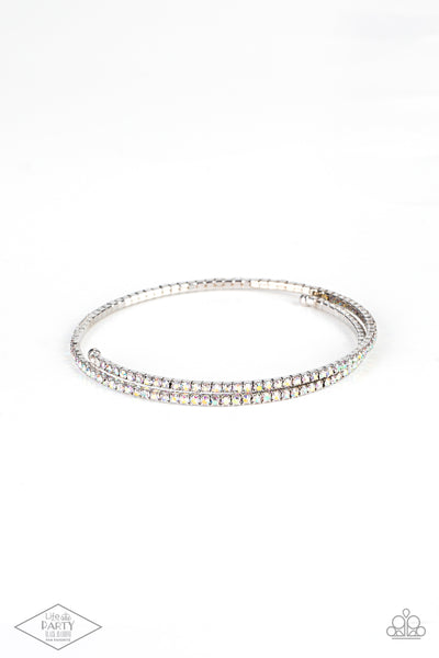 SLEEK SPARKLE - MULTI IRIDESCENT RHINESTONE SILVER COIL BRACELET - PAPARAZZI