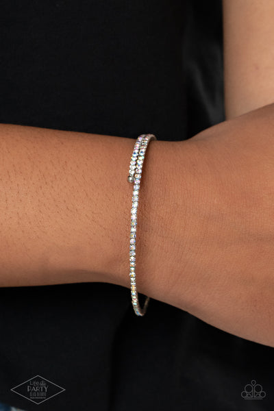 SLEEK SPARKLE - MULTI IRIDESCENT RHINESTONE SILVER COIL BRACELET - PAPARAZZI