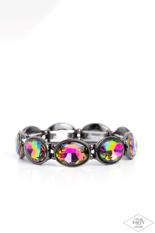 DIVA IN DISGUISE - MULTI OIL SPILL GEM GUNMETAL STRETCHY BRACELET - PAPARAZZI