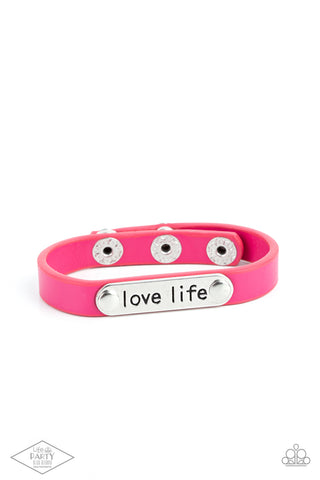 LOVE LIFE -PINK LEATHER SILVER "LOVE LIVE" STAMPED WRAP BRACELET - PAPARAZZI