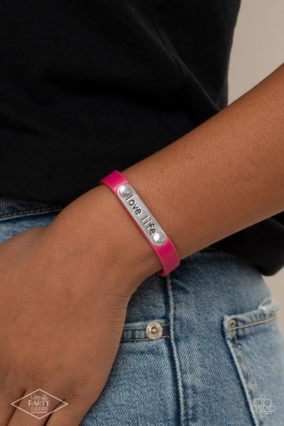 LOVE LIFE -PINK LEATHER SILVER "LOVE LIVE" STAMPED WRAP BRACELET - PAPARAZZI