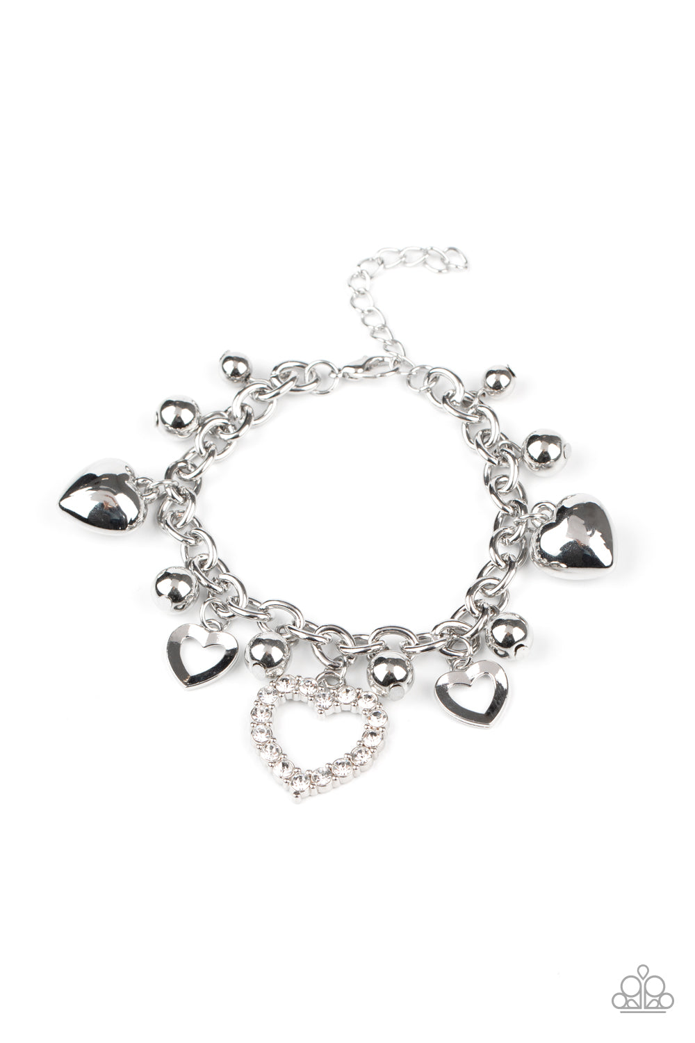 BEAUTIFULLY BIG-HEARTED - WHITE RHINESTONE SILVER HEART CHARM BRACELET - PAPARAZZI