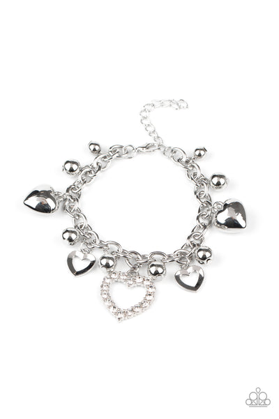 BEAUTIFULLY BIG-HEARTED - WHITE RHINESTONE SILVER HEART CHARM BRACELET - PAPARAZZI