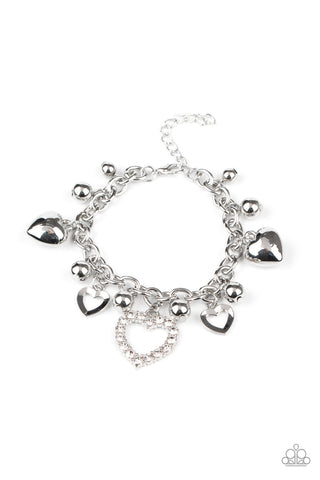 BEAUTIFULLY BIG-HEARTED - WHITE RHINESTONE SILVER HEART CHARM BRACELET - PAPARAZZI