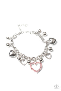 BEAUTIFULLY BIG-HEARTED - PINK RHINESTONE SILVER HEART CHARM BRACELET - PAPARAZZI