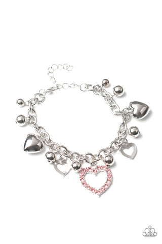 BEAUTIFULLY BIG-HEARTED - PINK RHINESTONE SILVER HEART CHARM BRACELET - PAPARAZZI