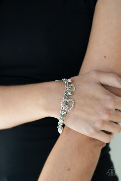 BEAUTIFULLY BIG-HEARTED - PINK RHINESTONE SILVER HEART CHARM BRACELET - PAPARAZZI