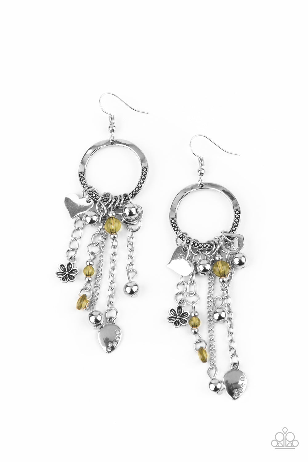 CHARM SCHOOL - YELLOW BEAD HEART FLORAL SILVER EARRINGS - PAPARAZZI