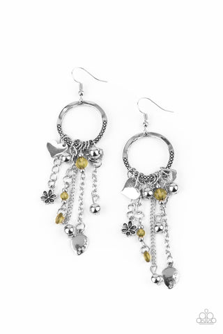 CHARM SCHOOL - YELLOW BEAD HEART FLORAL SILVER EARRINGS - PAPARAZZI