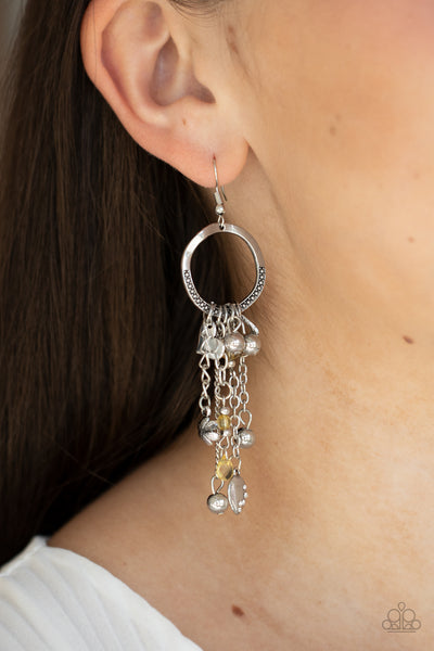 CHARM SCHOOL - YELLOW BEAD HEART FLORAL SILVER EARRINGS - PAPARAZZI
