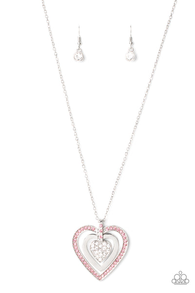 BLESS YOUR HEART - PINK AND WHITE RHINESTONE HEART SILVER PENDANT NECKLACE - PAPARAZZI
