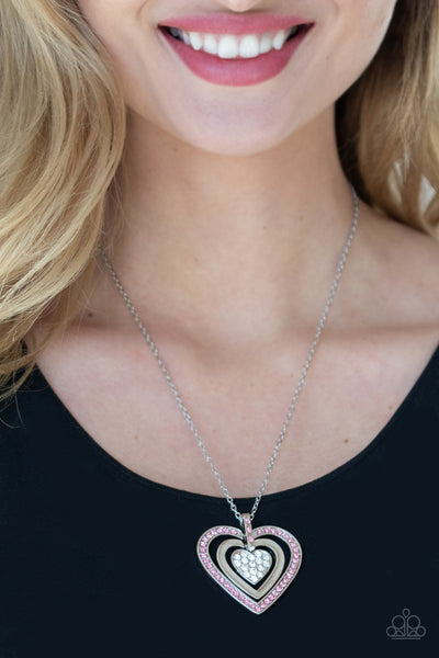 BLESS YOUR HEART - PINK AND WHITE RHINESTONE HEART SILVER PENDANT NECKLACE - PAPARAZZI