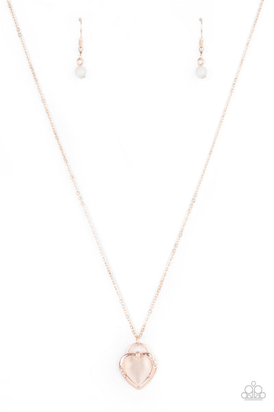 A DREAM IS A WISH YOUR HEART MAKES - ROSE GOLD CAT'S EYE HEART LOCKET PENDANT NECKLACE - PAPARAZZI