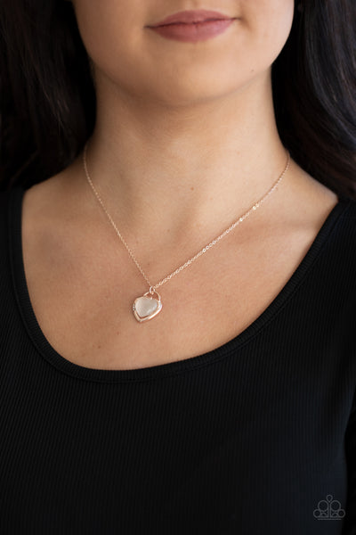 A DREAM IS A WISH YOUR HEART MAKES - ROSE GOLD CAT'S EYE HEART LOCKET PENDANT NECKLACE - PAPARAZZI