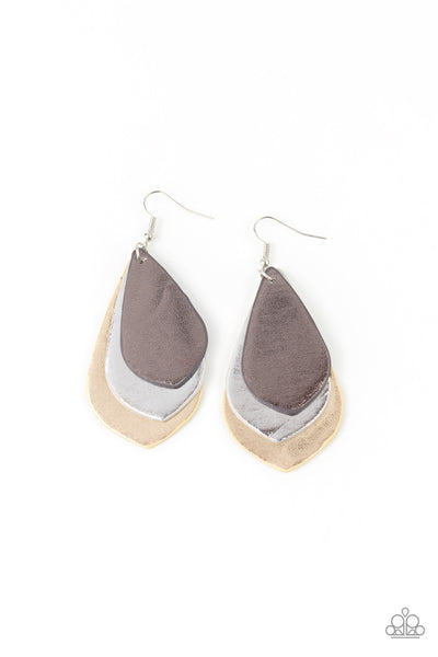 GLISTEN UP! - SILVER METALLIC STACKED LEATHER EARRINGS - PAPARAZZI