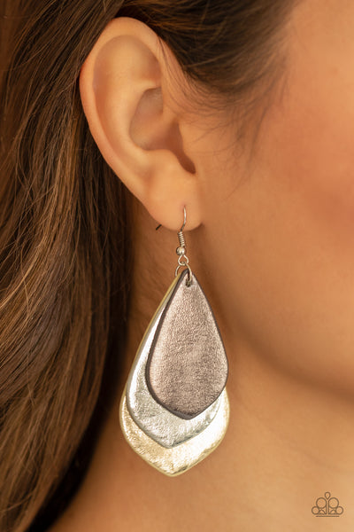 GLISTEN UP! - SILVER METALLIC STACKED LEATHER EARRINGS - PAPARAZZI
