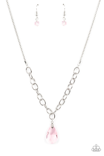 MEGA MODERN - SILVER CHAIN PINK CRYSTAL SHORT PENDANT NECKLACE - PAPARAZZI