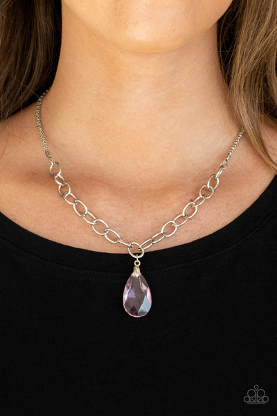 MEGA MODERN - SILVER CHAIN PINK CRYSTAL SHORT PENDANT NECKLACE - PAPARAZZI