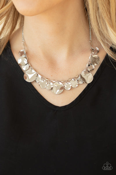 GLISTEN CLOSELY - SILVER HAMMERED DISC NECKLACE - PAPARAZZI