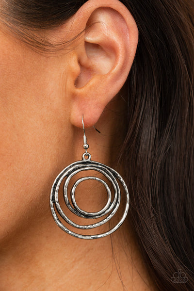 SPIRALING OUT OF CONTROL - SILVER HAMMERED WIRE EARRINGS - PAPARAZZI