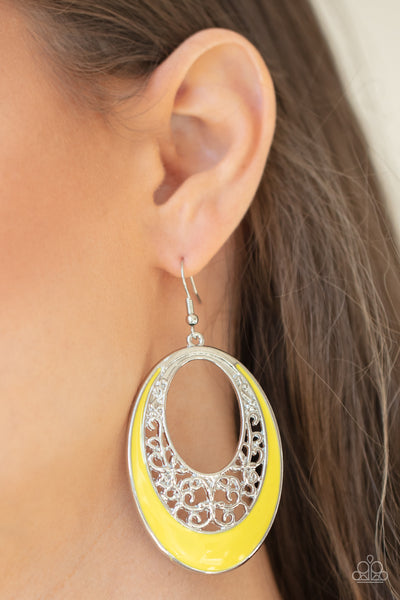 ORCHARD BLISS - YELLOW SILVER OVAL EARRINGS - PAPARAZZI