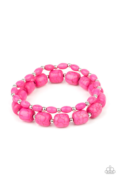 COLORFULLY COUNTRY - PINK CRACKED STONE SILVER BEAD STRETCHY BRACELET SET - PAPARAZZI