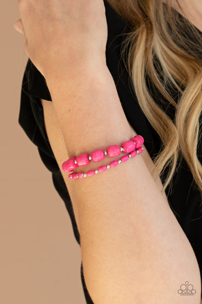COLORFULLY COUNTRY - PINK CRACKED STONE SILVER BEAD STRETCHY BRACELET SET - PAPARAZZI
