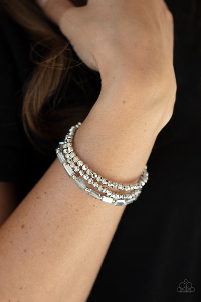ELEGANT ESSENCE - SILVER SMOKY BEAD STRETCHY BRACELET SET - PAPARAZZI