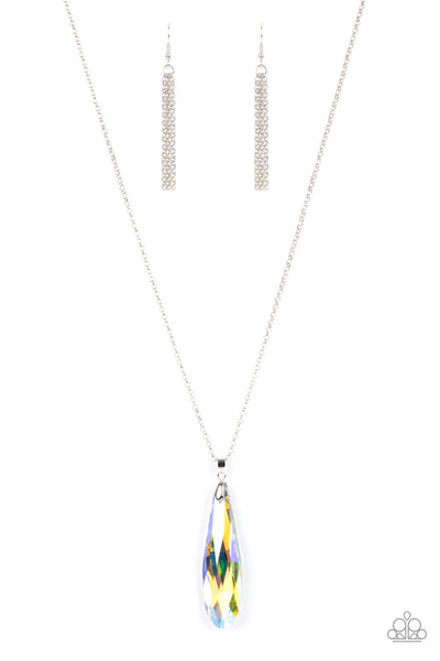 RIVAL-WORTHY REFINEMENT - YELLOW IRIDESCENT TEARDROP CRYSTAL SILVER NECKLACE - PAPARAZZI