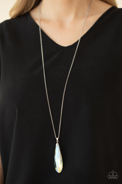 RIVAL-WORTHY REFINEMENT - YELLOW IRIDESCENT TEARDROP CRYSTAL SILVER NECKLACE - PAPARAZZI