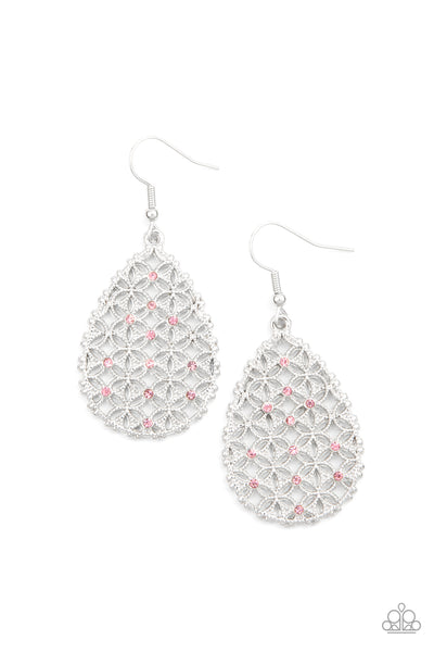GLORIOUS GARDENS - PINK RHINESTONE SILVER FILIGREE TEARDROP EARRINGS - PAPARAZZI