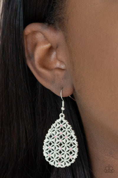 GLORIOUS GARDENS - PINK RHINESTONE SILVER FILIGREE TEARDROP EARRINGS - PAPARAZZI
