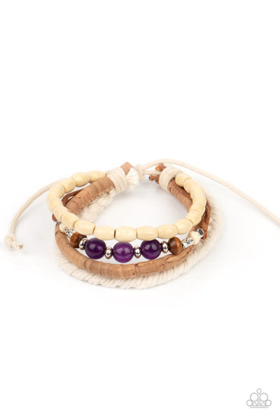 NATURAL-BORN NAVIGATOR - PURPLE BEAD WHITE CORD SLIDE BRACELET - PAPARAZZI