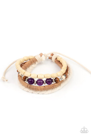 NATURAL-BORN NAVIGATOR - PURPLE BEAD WHITE CORD SLIDE BRACELET - PAPARAZZI