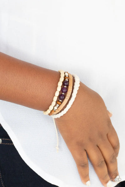NATURAL-BORN NAVIGATOR - PURPLE BEAD WHITE CORD SLIDE BRACELET - PAPARAZZI