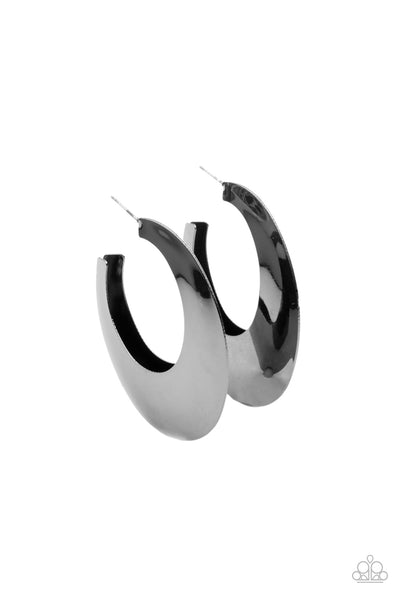 GOING OVAL-BOARD - BLACK GUNMETAL HOLLOW HOOP EARRINGS - PAPARAZZI