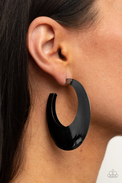 GOING OVAL-BOARD - BLACK GUNMETAL HOLLOW HOOP EARRINGS - PAPARAZZI