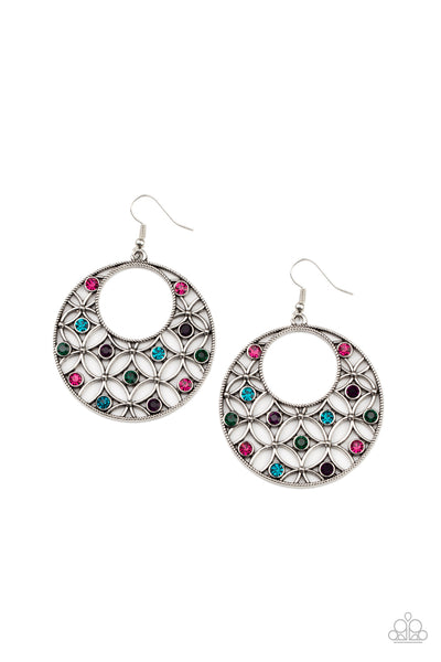 GARDEN GARNISH - MULTI BLUE GREEN PINK PURPLE RHINESTONE SILVER CIRCLE EARRINGS - PAPARAZZI