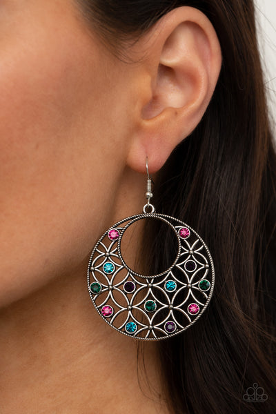 GARDEN GARNISH - MULTI BLUE GREEN PINK PURPLE RHINESTONE SILVER CIRCLE EARRINGS - PAPARAZZI