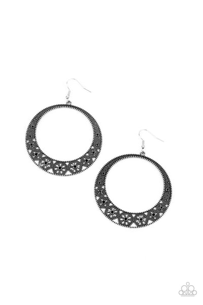 BODACIOUSLY BLOOMING - BLACK RHINESTONE SILVER CIRCLE EARRINGS - PAPARAZZI